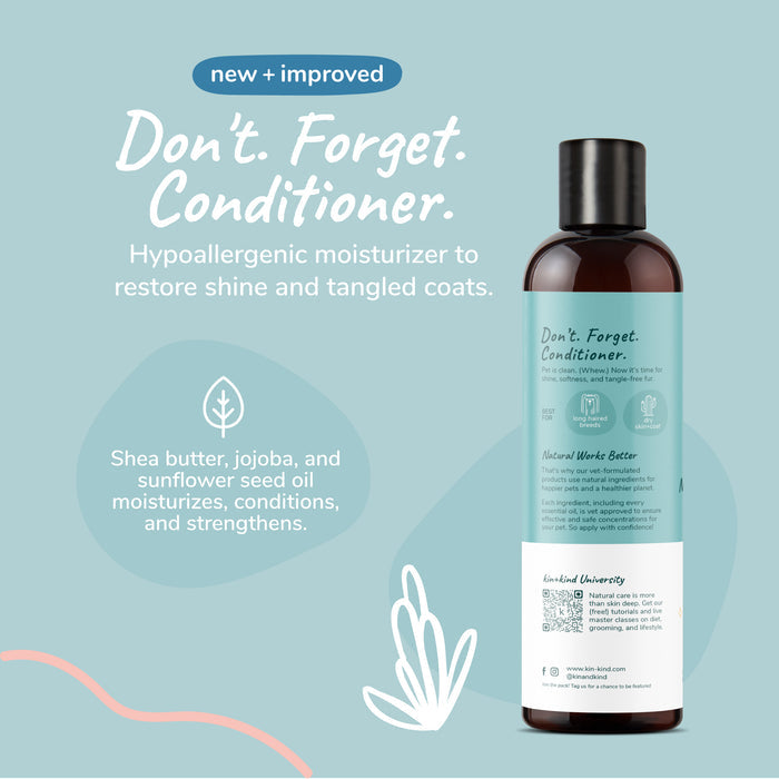 Image of a blue-green background showcasing a dark brown bottle of kin+kinds Natural Moisturizing Conditioner for Dogs & Cats. This hypoallergenic conditioner, with shea butter, jojoba, and sunflower seed oil, provides optimal conditioning for shiny, untangled coats from natural pet supplies.