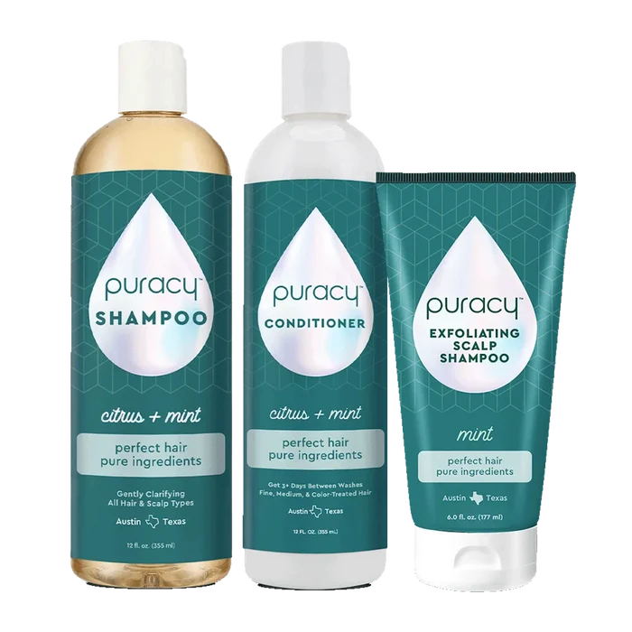 The New Hair Care Bundle includes three bottles: shampoo, conditioner, and an exfoliating scalp scrub in a citrus + mint scent, all made with biodegradable ingredients. This natural hair care line is intentionally pH-balanced for optimal scalp health.