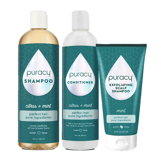 The New Hair Care Bundle includes three bottles: shampoo, conditioner, and an exfoliating scalp scrub in a citrus + mint scent, all made with biodegradable ingredients. This natural hair care line is intentionally pH-balanced for optimal scalp health.