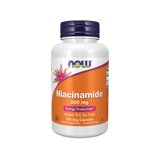 NOW Foods Niacinamide 500mg - For Energy Production is a Vitamin B-3 supplement in a white bottle with a purple cap. It features an orange label with white text and pink flowers and contains 100 vegetarian capsules, promoting energy production.