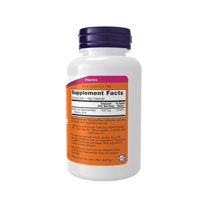 A white bottle of NOW Foods Niacinamide 500mg, a dietary supplement for energy production, shows a label with supplement facts highlighting 500 mg of Niacin (Vitamin B-3) per capsule, its pristine white background complements the clean design.