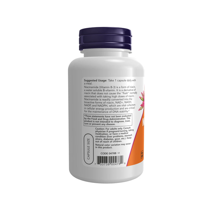 A white NOW Foods dietary supplement bottle with a black cap displays a label describing usage and product details. It emphasizes Niacinamide 500mg - For Energy Production (Vitamin B-3), capsule size, and contains a health claims disclaimer.
