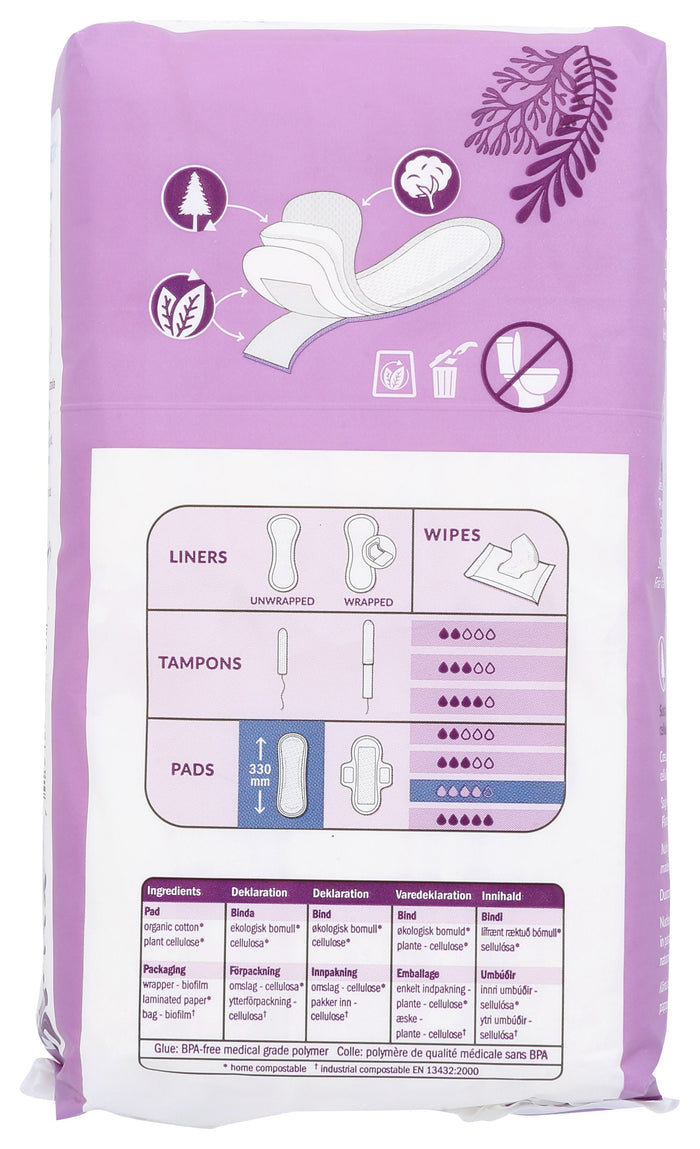 Back of a Natracare package in purple and white featuring illustrations of feminine hygiene products like liners, wipes, tampons, and pads. Shows absorbency icons for Night Time Maxi Pads with an absorbent core, eco-friendly symbols like a leaf and recyclable sign. Includes text in multiple languages.
