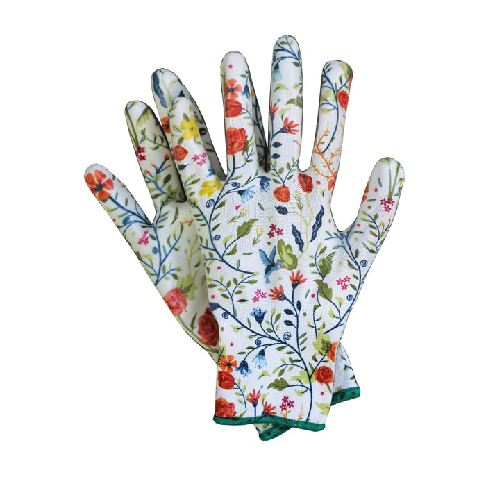 The Nitrile Weeder Gloves by Womanswork showcase a Garden of Paradise print with vibrant red, yellow, and blue flowers on a white background. Designed by a woman-owned business, these gloves are positioned with fingers slightly spread and overlapping.