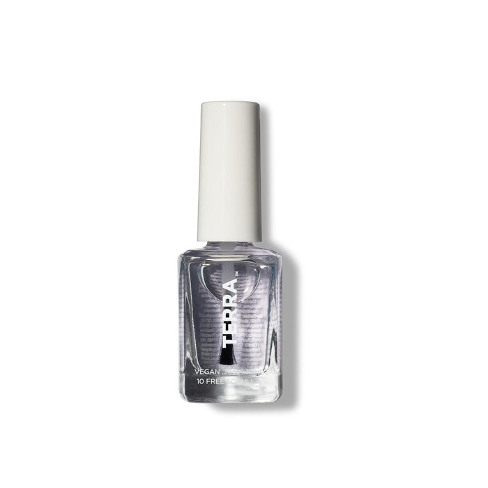 A bottle of Terra Beauty Bars No. 21 GEL Ultra Shine Top Coat, featuring a white cap and labeled as VEGAN and 10 FREE, is displayed against a white background.