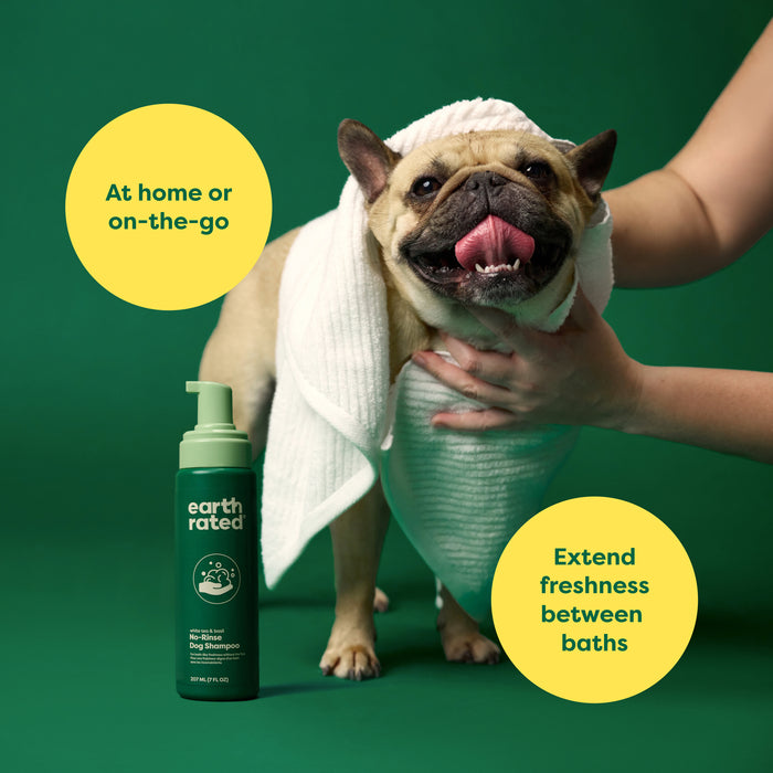 A happy dog with a towel wrapped around its head is being held by a pair of hands. Next to the dog is a bottle of Earth Rated dog shampoo. The background is green with text bubbles promoting freshness and versatility.