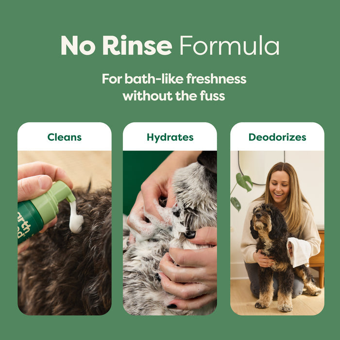 A promotional image for a no-rinse pet shampoo. It highlights the formula's ability to clean, hydrate, and deodorize. The image shows a person applying shampoo on a dog's fur, lathering it, and standing with the dog, emphasizing bath-like freshness.