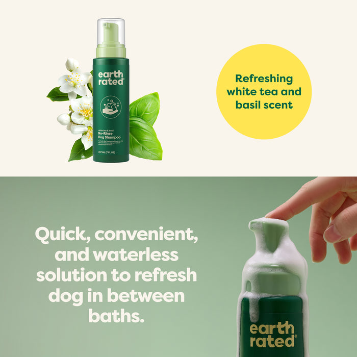 A bottle of earth rated dog shampoo is displayed with white tea and basil, alongside leaves and flowers. Text highlights it as a quick, convenient, and waterless solution for refreshing dogs between baths. A hand pumps foam from the bottle.