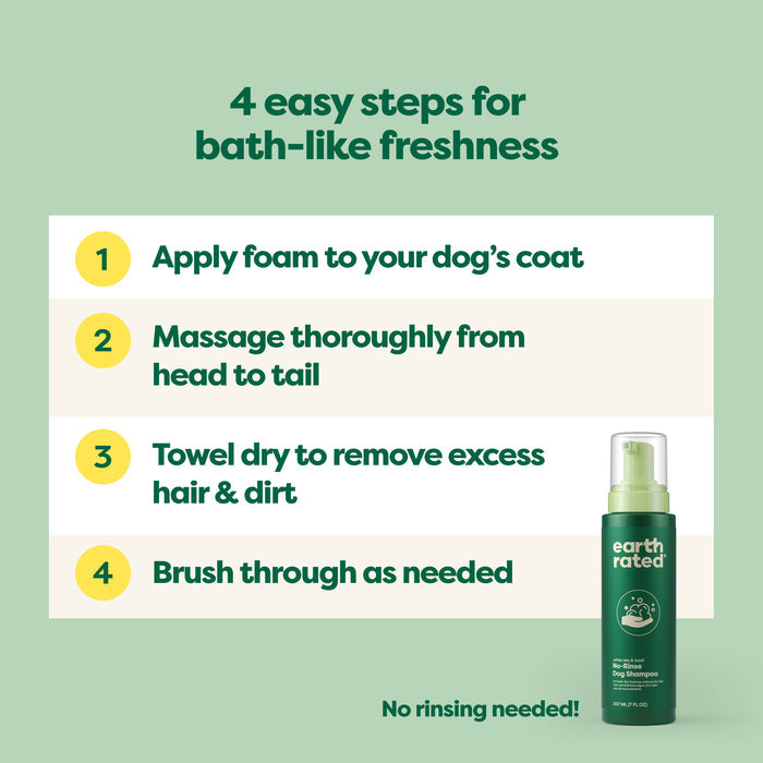Instructions for a dog dry shampoo with four steps: 1. Apply foam, 2. Massage from head to tail, 3. Towel dry, 4. Brush if needed. The bottle is labeled "earth rated" and states "No rinsing needed!" on a green background.