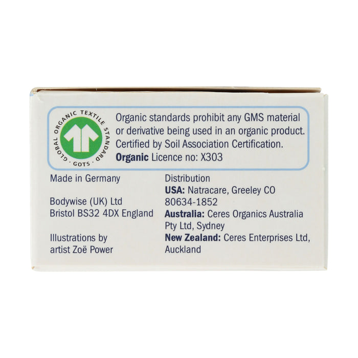 The Natracare Non Applicator Super Plus Tampons label details organic certification (license X303), organic standards, manufacturer/distributor info for UK, USA, Australia & NZ, and features illustrations by Zoë Power.