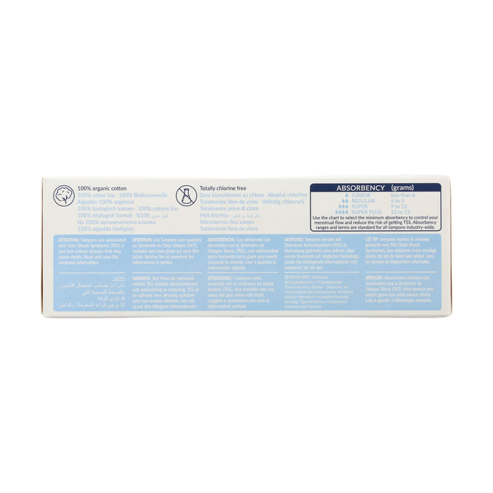 A box of Natracare Non Applicator Super Plus Tampons is shown with a multilingual back panel, an absorbency chart (grams) for Super Plus, and details highlighting that they are totally chlorine-free.