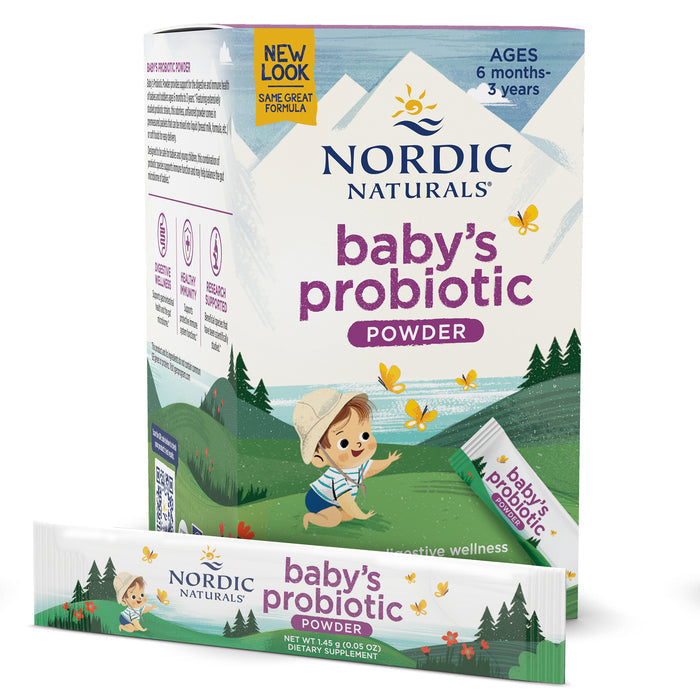 The Nordic Flora Babys Probiotic Powder by Nordic Naturals, suitable for ages 6 months to 3 years, has packaging with a playful nature-themed baby illustration. It emphasizes digestive support and features a single stick pack prominently on the box.