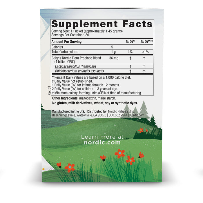 The label for Nordic Naturals Nordic Flora Babys Probiotic Powder emphasizes nutrients like calories and carbohydrates, along with diverse probiotic strains for digestive health, against a mountain landscape backdrop with vibrant red flowers.