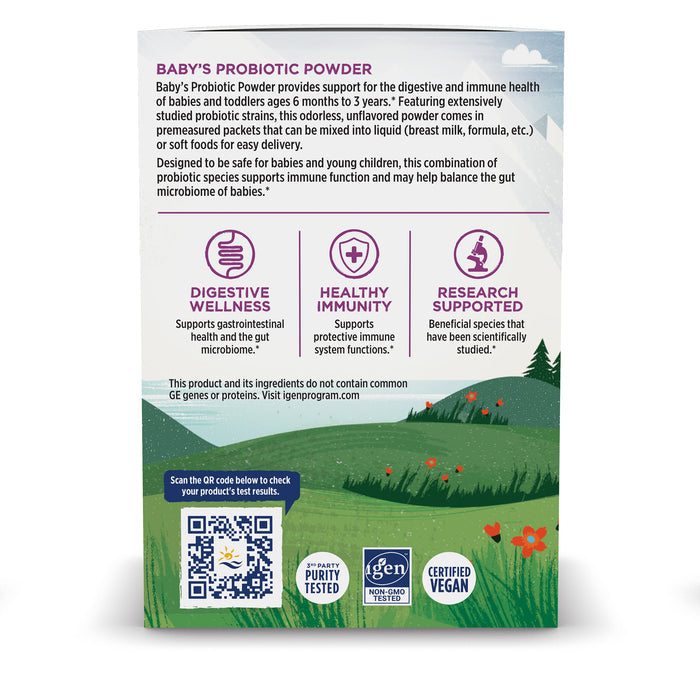 The Nordic Naturals - Nordic Flora Babys Probiotic Powder box highlights research-backed digestive and immune support. It features vegan-certified probiotic strains, a serene green landscape with flowers, and a QR code for easy access.