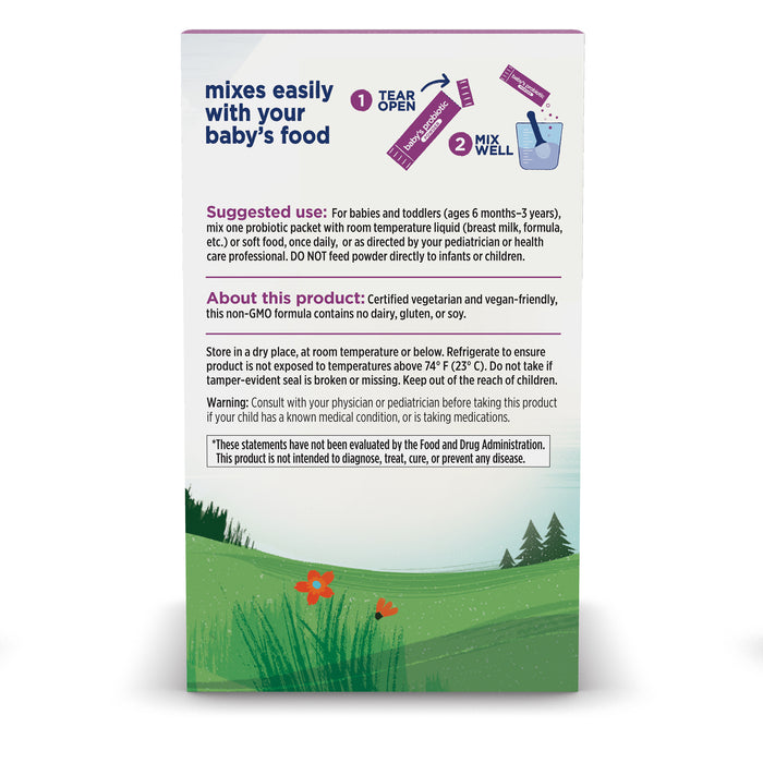 The back of the Nordic Naturals Nordic Flora Babys Probiotic Powder package, in purple, displays usage instructions, storage details, and a caution note for digestive support. A small grassy field with red flowers adorns the lower section.