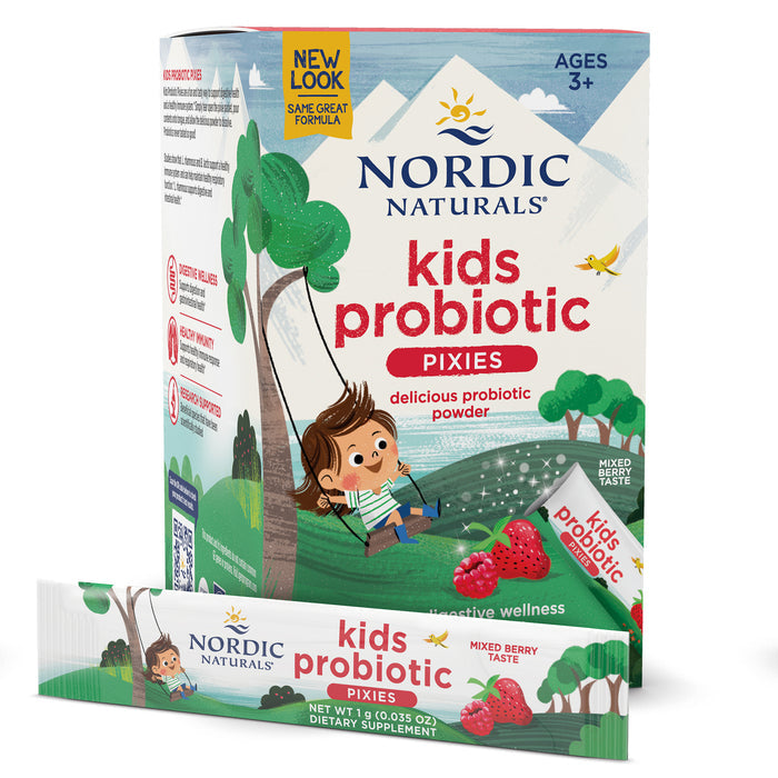 The Nordic Naturals Nordic Flora Kids Probiotic Pixies box, adorned with a berry theme and child on a swing, holds tasty berry-flavored probiotic powder packets that support immune and digestive health for children aged 3 and up.
