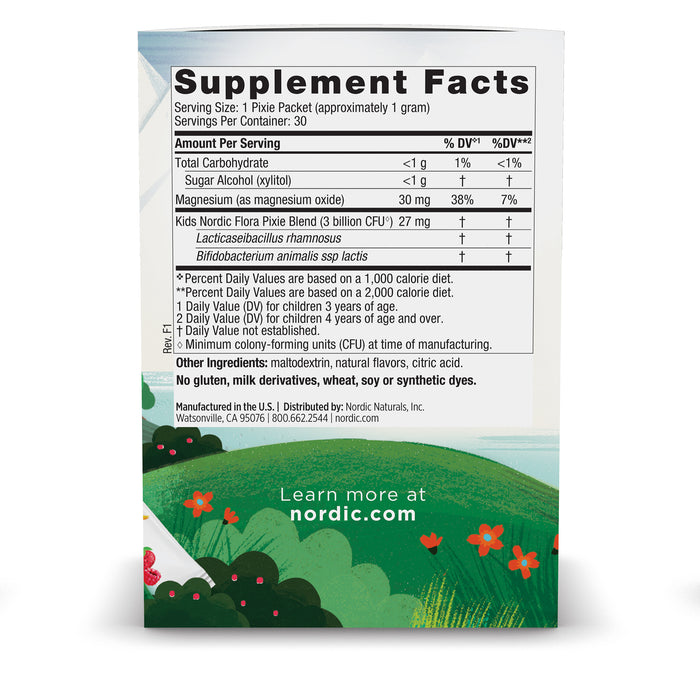 Illustration of Nordic Flora Kids Probiotic Pixies box with scenic green hills, trees, and red flowers. Text highlights berry-flavored probiotic powder by Nordic Naturals supporting immune health, including supplement facts and manufacturer info. Visit nordic.com for more details.