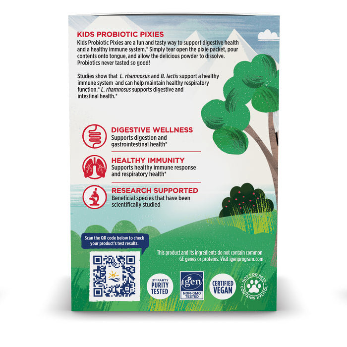 Nordic Naturals Nordic Flora Kids Probiotic Pixies offers berry-flavored probiotic powder for digestive and immune support. Its non-GMO, vegan, purity-tested, and includes a QR code for more details.