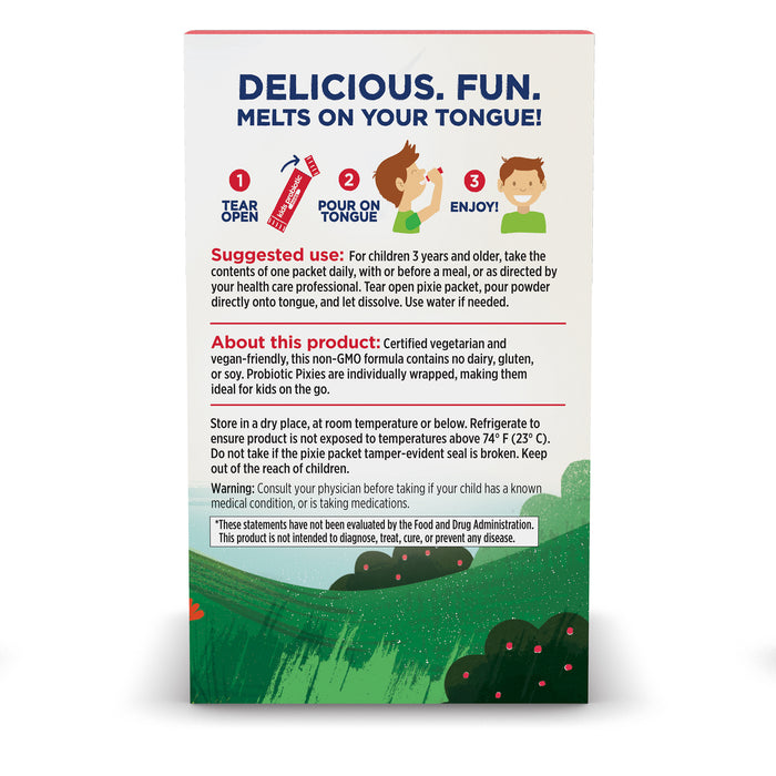 The image displays a box of Nordic Flora Kids Probiotic Pixies by Nordic Naturals. It features red and blue text detailing usage instructions and product info, describing a berry-flavored, vegetarian, kid-friendly, non-GMO, gluten-free probiotic powder to promote digestive health with storage and caution advice.