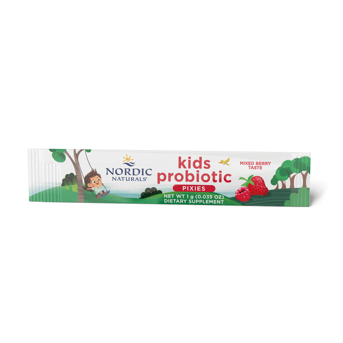Nordic Naturals Nordic Flora Kids Probiotic Pixies is a berry-flavored probiotic powder in 1g (0.035 oz) packets, enhancing digestive and immune health. The colorful packaging features a child on a swing with berries.