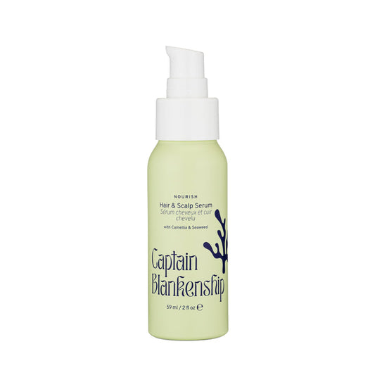 The Nourish Hair & Scalp Serum by Captain Blankenship comes in a green bottle with a white pump, holding 59 ml (2 fl oz) of organic botanical oils and seaweed, designed to naturally revitalize your hair and scalp.
