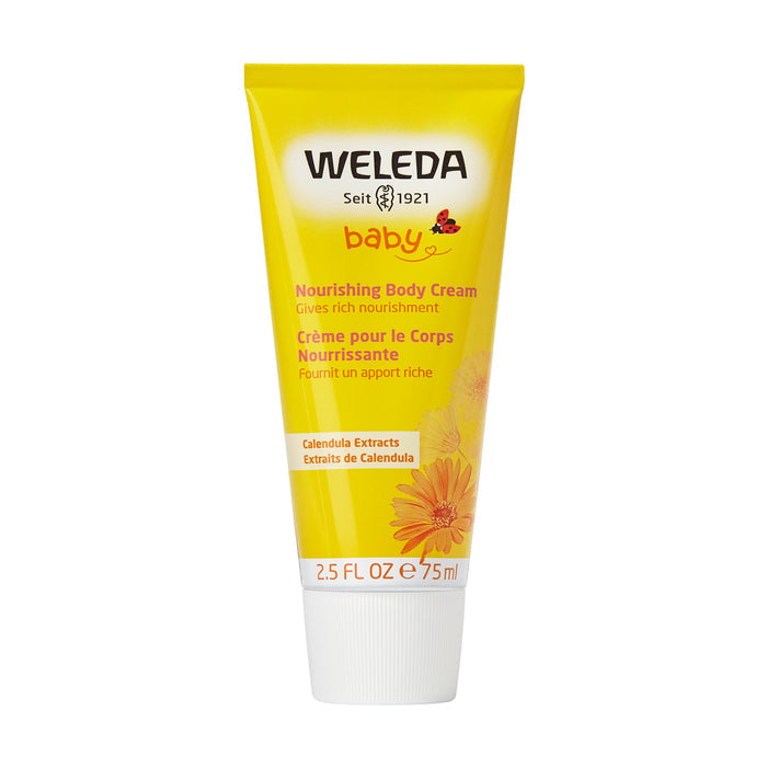 A yellow tube of Weleda Nourishing Body Cream for babies skin is labeled in English and French, promising rich nourishment with calendula extracts. The 75 ml (2.5 fl oz) tube features a daisy-like flower image and can be recycled via the TerraCycle program.