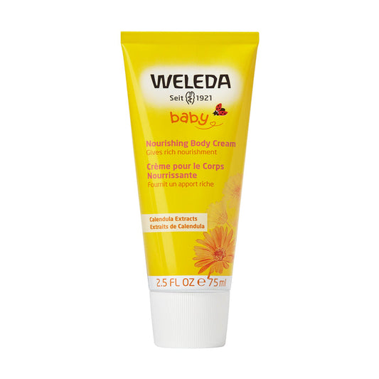 A yellow tube of Weleda Nourishing Body Cream for babies skin is labeled in English and French, promising rich nourishment with calendula extracts. The 75 ml (2.5 fl oz) tube features a daisy-like flower image and can be recycled via the TerraCycle program.