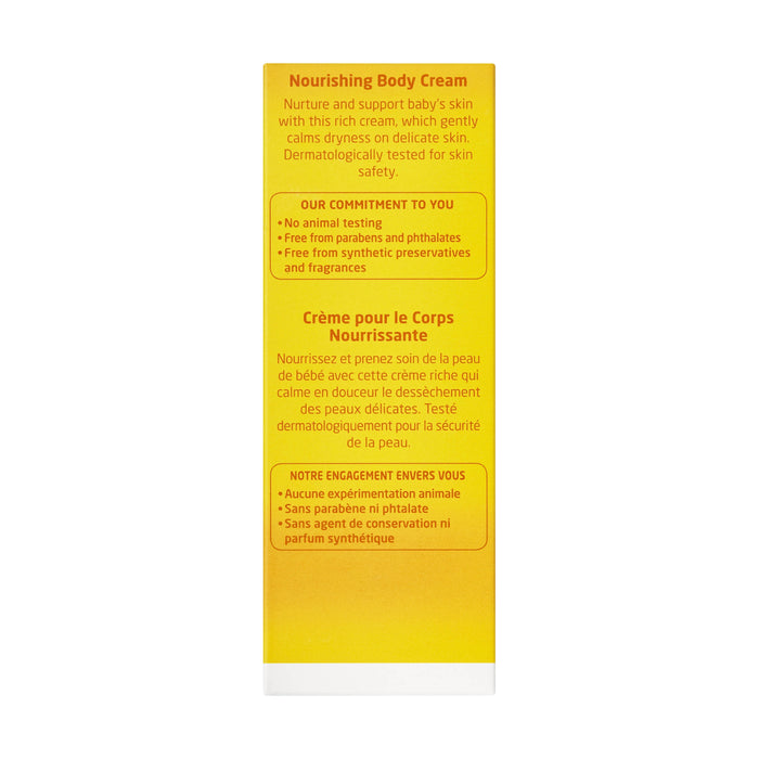 The yellow Weleda Nourishing Body Cream package includes English and French text, emphasizing its dermatologically tested formula, which is gentle for babys skin. Its cruelty-free and free from parabens, phthalates, synthetic preservatives, and fragrances. Join TerraCycle for eco-friendly disposal.
