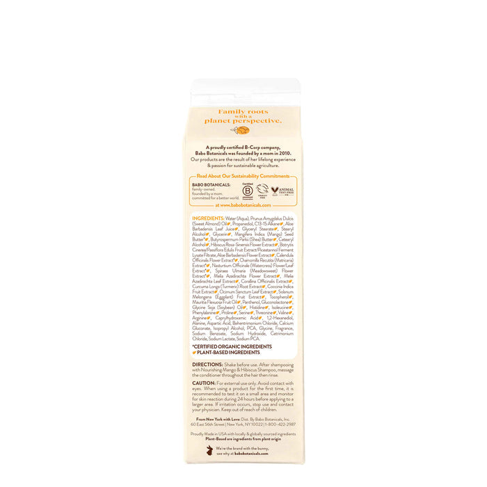 A beige carton details ingredients and information with select phrases in orange, showcasing logos and certifications. Emphasizing a sustainable routine, it features Babo Botanicals Nourishing Conditioner for Dry, Damaged Hair with organic ingredients enhanced by mango butter.