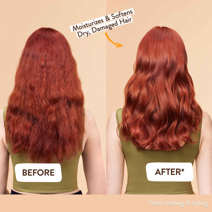 Two side-by-side images show a person with red hair. The "Before" image depicts frizzy hair, while the "After" image showcases smooth, wavy hair. Text highlights the product's moisturizing benefits for dry, damaged hair.