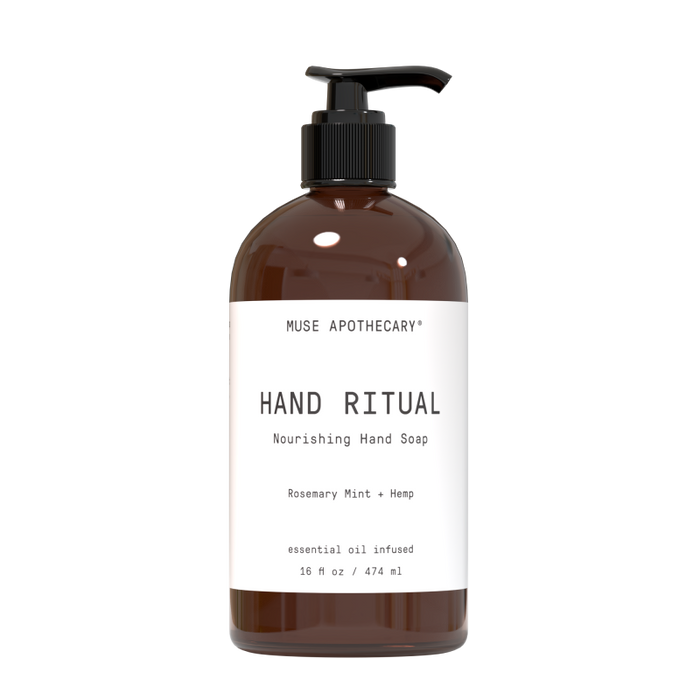 A 16 fl oz (474 ml) brown plastic pump bottle of Muse Apothecarys Nourishing Hand Soap offers a soothing blend of rosemary mint, hemp, essential oils, and calming French lavender.