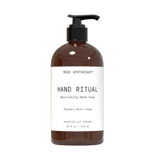 A 16 fl oz (474 ml) brown plastic pump bottle of Muse Apothecarys Nourishing Hand Soap offers a soothing blend of rosemary mint, hemp, essential oils, and calming French lavender.