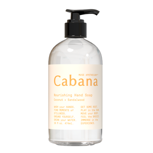 The Muse Apothecary Nourishing Hand Soap in a clear pump bottle offers a tropical coconut and sandalwood scent, with notes of pineapple and ocean salt, creating moments of stillness while inspiring balance and vitality.