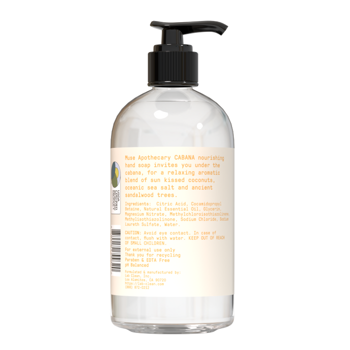 A clear pump bottle labeled Muse Apothecary offers Nourishing Hand Soap with coconut, sandalwood, and ocean salt scent. The label includes usage instructions and a caution statement, ideal for an invigorating handwashing experience.