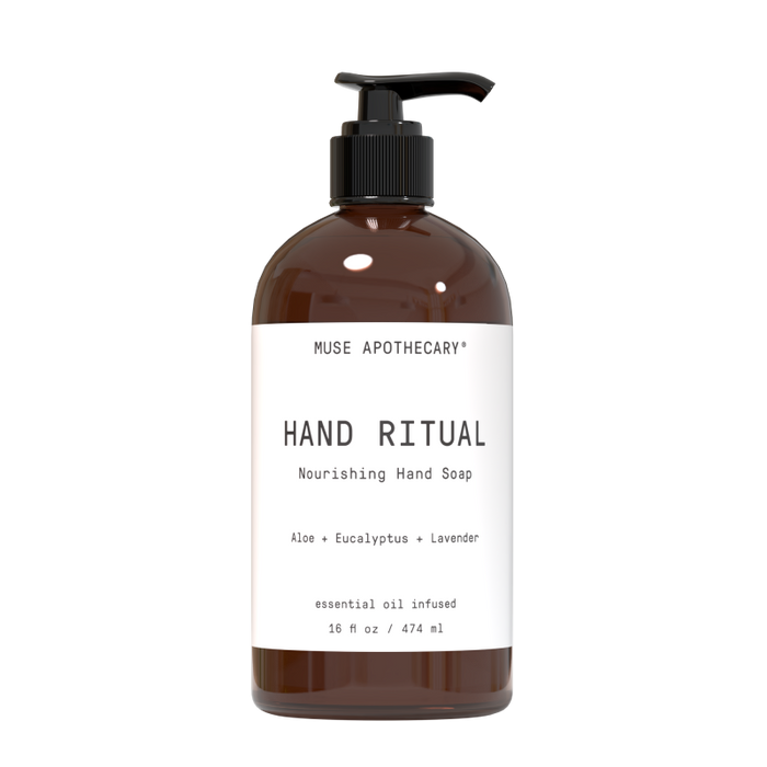 A 16 fl oz brown bottle of Muse Apothecary Nourishing Hand Soap with a black pump, labeled HAND RITUAL, offers a soothing French Lavender and Rosemary Mint blend enriched with essential oils, Aloe, Eucalyptus, and Lavender.
