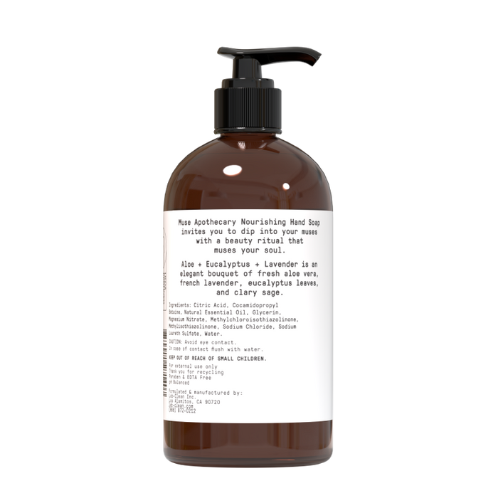 A brown pump bottle labeled Muse Apothecary Nourishing Hand Soap offers a fragrant, nourishing blend of aloe, eucalyptus, and French lavender with invigorating rosemary mint. The packaging details ingredients and distributor information.