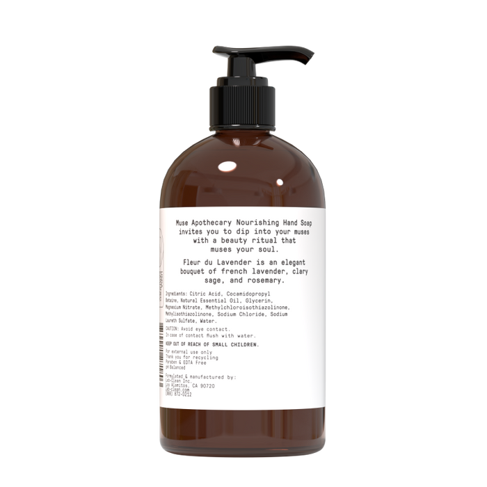 A brown bottle with a black pump labeled Muse Apothecary Nourishing Hand Soap offers a French Lavender scent enhanced with clary sage and rosemary, turning each wash into a fragrant escape.
