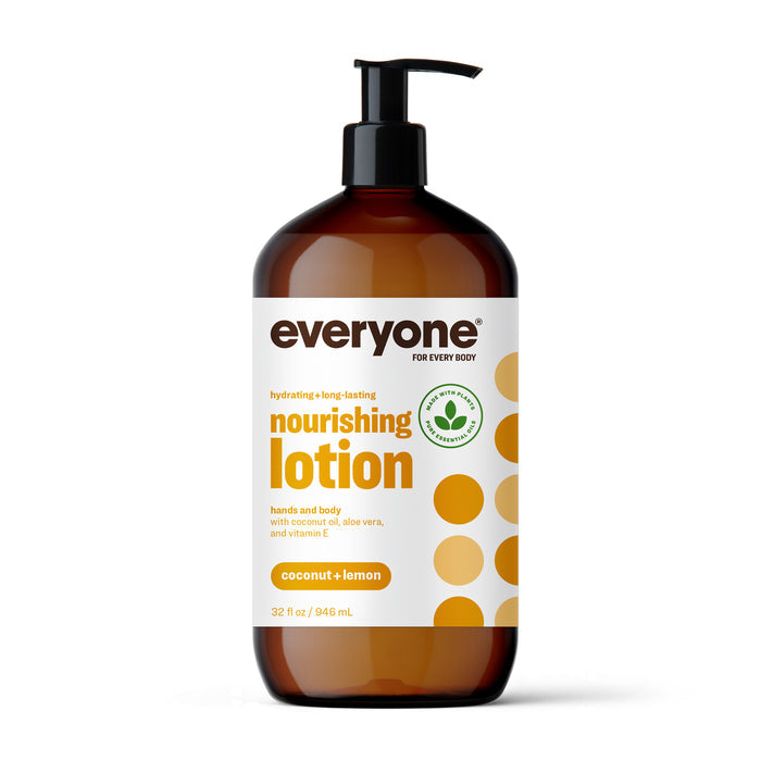 A 32 fl oz brown pump bottle, labeled Everyone Nourishing Lotion, features an orange circle design and contains coconut oil, aloe vera, and vitamin E. Its refreshing coconut + lemon scent is perfect for those who enjoy a tropical twist in their skincare routine.