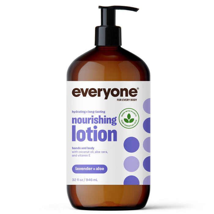 The 32 fl oz Everyone Nourishing Lotion features a pump dispenser and an amber label that reads hydrating + long-lasting with Lavender + Aloe. Infused with coconut oil, aloe vera, and vitamin E, it ensures blissful all-day moisture.