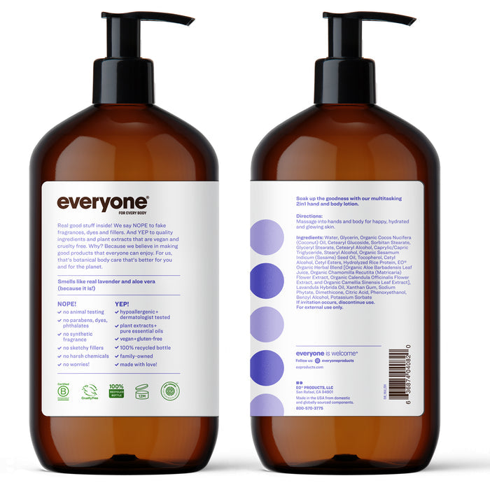 Two amber pump bottles of Everyones Nourishing Lotion display product details. The front highlights branding and a Lavender + Aloe scent, while the back provides ingredients and directions. The design is clean with white and purple accents.