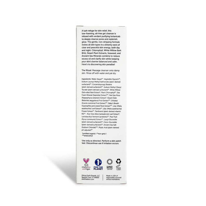 The image shows the back of the OASIS Deep Pore Gel Cleanser box from Earth Harbor, featuring product descriptions, usage instructions, and an ingredient list with purifying botanicals. Icons indicate ethical email practices, cruelty-free certification, and recycling suitability for sensitive skin.