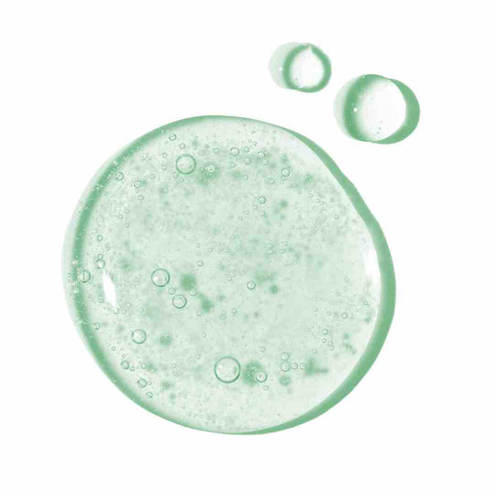 Three drops of translucent green OASIS Deep Pore Gel Cleanser by Earth Harbor, infused with purifying botanicals and bubbles—one large, two smaller—rest on a white background, ideal for sensitive skin.