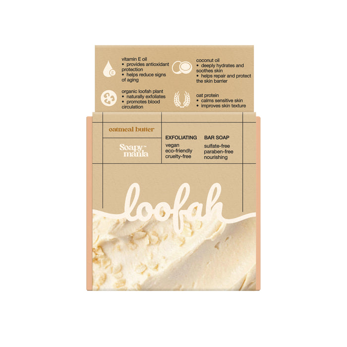 A beige box of Soapymania Oatmeal Butter Exfoliating Loofah Bar Soap with natural vegan ingredients, highlighting exfoliating, nourishing, vegan, cruelty-free, sulfate-free, and paraben-free benefits with clear icons and text.