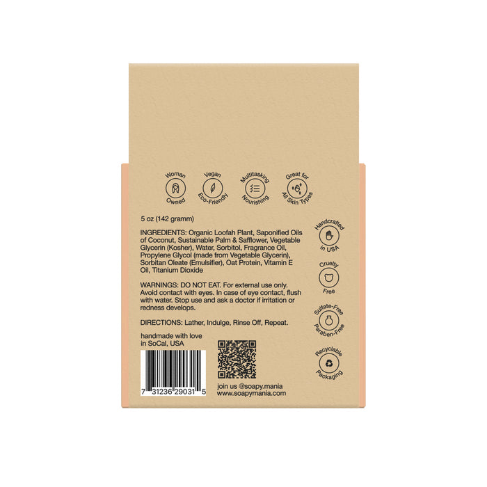 Back of Soapymania Oatmeal Butter Exfoliating Loofah Bar Soap package with natural vegan ingredients, built-in loofah, full ingredient list, external use warning, feature icons, barcode, social handles, website, and organic sustainable ingredient details.