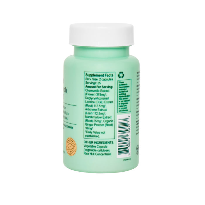 A green Hilma Occasional Heartburn + Indigestion Relief supplement bottle with a white cap displays the Supplement Facts in English. Ingredients like Chamomile Extract and Ginger Powder promote digestive comfort, detailing serving size and other ingredients.