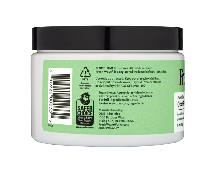 A small white jar with a black lid, showcasing a green label with a barcode, recycling symbols, and ingredient details highlighting natural plant oils. It includes OMI Industries contact info and a Safer Choice logo. Perfect for continuous odor control, the product is Fresh Waves Odor Removing Gel.