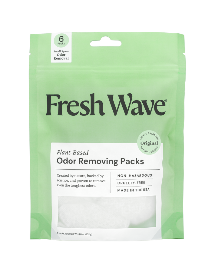 The Fresh Wave Odor Removing Packs for Small Spaces are plant-based, cruelty-free, and non-hazardous. Made in the USA, the green package contains six 2.1 oz (60g) deodorizing packs designed for small space odor removal.