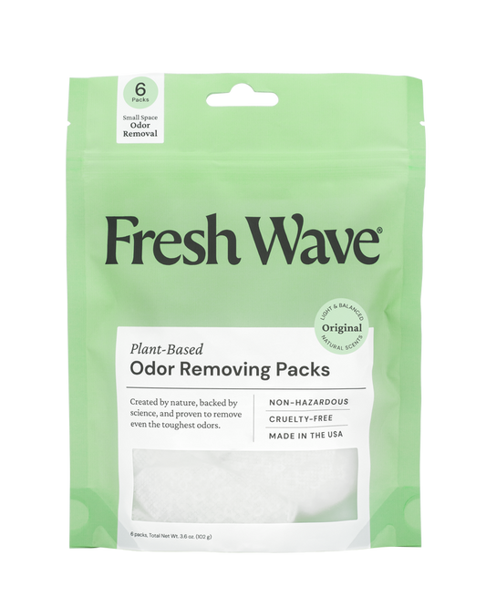 The Fresh Wave Odor Removing Packs for Small Spaces are plant-based, cruelty-free, and non-hazardous. Made in the USA, the green package contains six 2.1 oz (60g) deodorizing packs designed for small space odor removal.