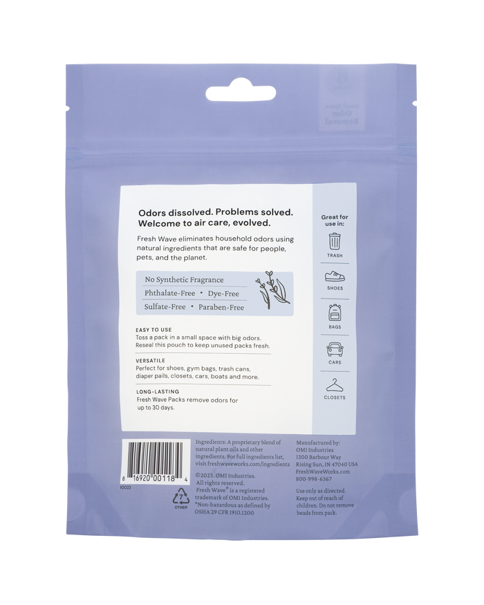 The Fresh Wave Odor Removing Packs for Small Spaces display a purple design, featuring plant-based ingredients and a synthetic fragrance-free formula. Ideal for pets, closets, toys, laundry, bags, and shoes. Directions and benefits are detailed on the back.