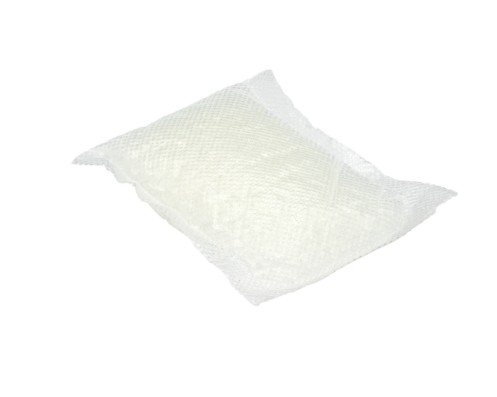 A small white mesh bag of nylon netting lies against a black background. Its pillow-like shape hints it might resemble Fresh Waves Odor Removing Packs for small spaces, designed to freshen areas with natural active ingredients.
